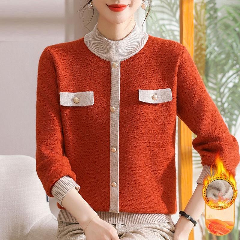 

Женский свитер на флисовой подкладке Осень/Зима Толстый Теплый Свободный Пуловер с Круглым Вырезом Вязаный Свитер Вязаный Топ с Цветными Блоками 3XL оранжево-красный