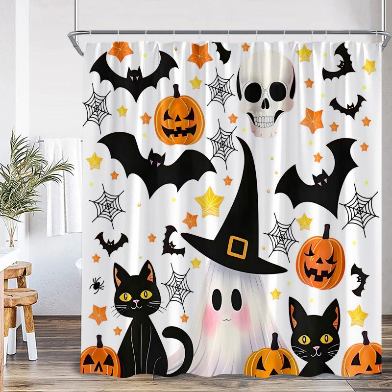 Halloween Shower Curtain Funny Spooky Pumpkin Skull Bat Flower Plant Night Forest Bath Curtains Home Bathroom Decor with Hooks