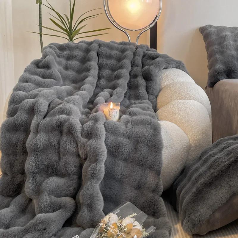 Faux Fur Plush Throw Blanket Warm Winter Double-sided Blankets For Bed Luxury Plaid Shaped Couch Cover For Sofa Pillow Case Gift