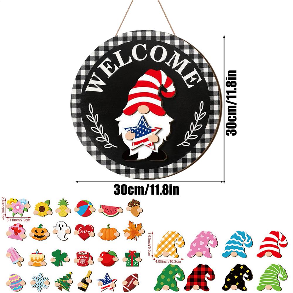 32pcs/set Gnome Welcome Sign Interchangeable Wooden Christmas Sign Holiday Decor With Magnet Pieces And Detachable Hats