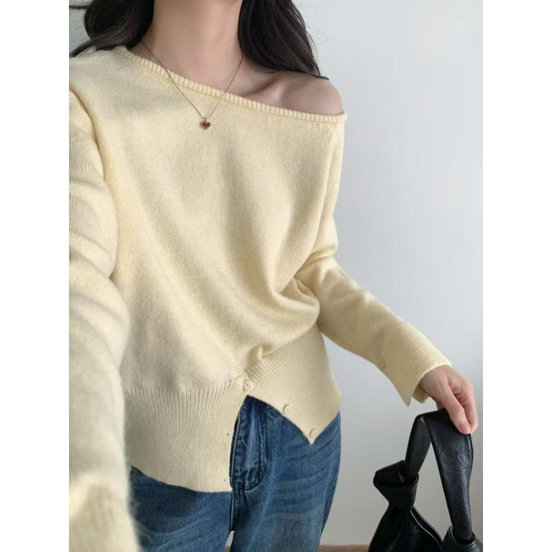 

Autumn new split button design versatile sweater women s solid color diagonal neck off-the-shoulder long-sleeved knitted cardigan светло-желтого