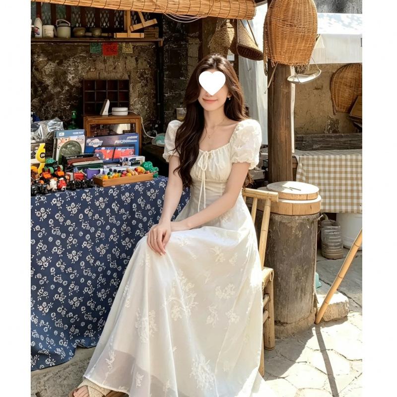 French Square Collar Dress Women's Summer Bubble Sleeves Close Waist and Look Thin Temperament Gentle Wind Long First Love Dress Versatile Long Dress