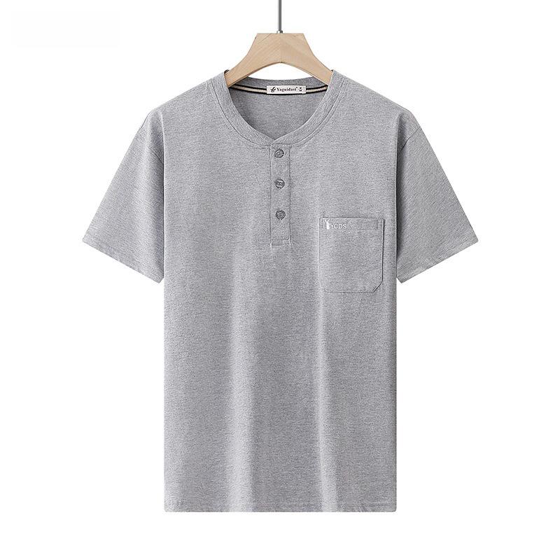Dad's Monk Collar Short-Sleeve Cotton T-Shirt with Pockets - Loose Fit for Middle-Aged Men, Perfect for Summer