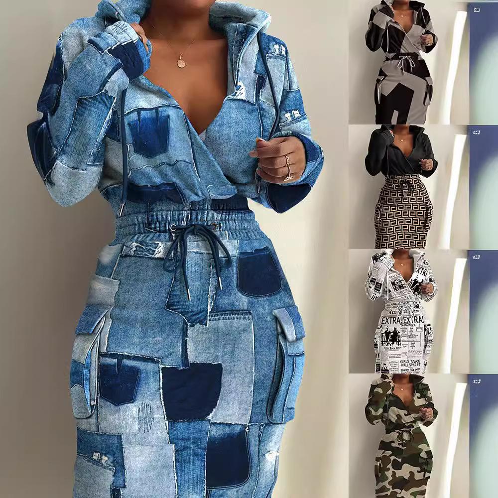 Moda Donna Autunno Inverno Manica Lunga Scollo a V Abiti Casual