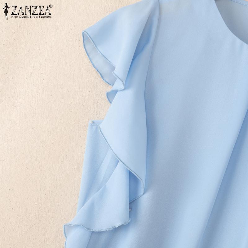 ZANZEA Women Casual Round Neck Ruffles Short Sleeve Loose Blouse