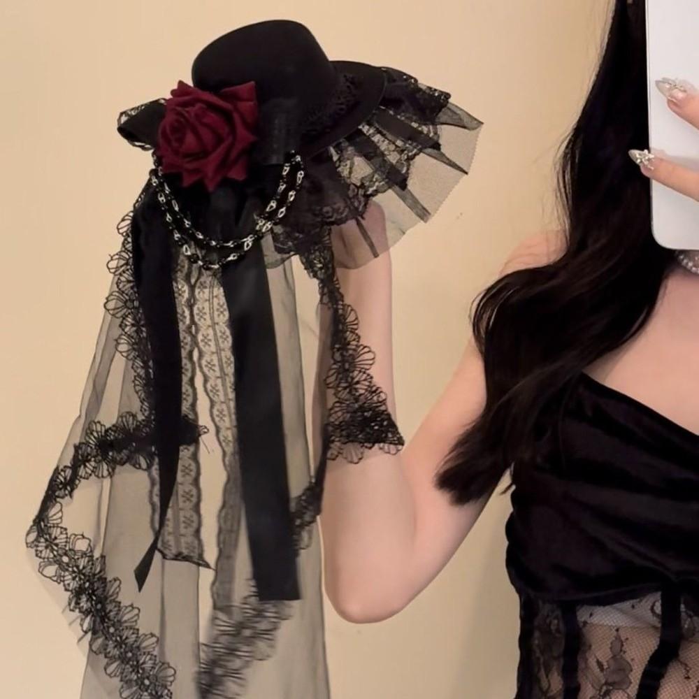 Pălărie Lolita Neagră sau Albă, cu Flori, Decor cu Fundă, Elegantă, Pălărie Înaltă, Voal Gotic, Pălărie Înaltă cu Trandafir, Bărbați