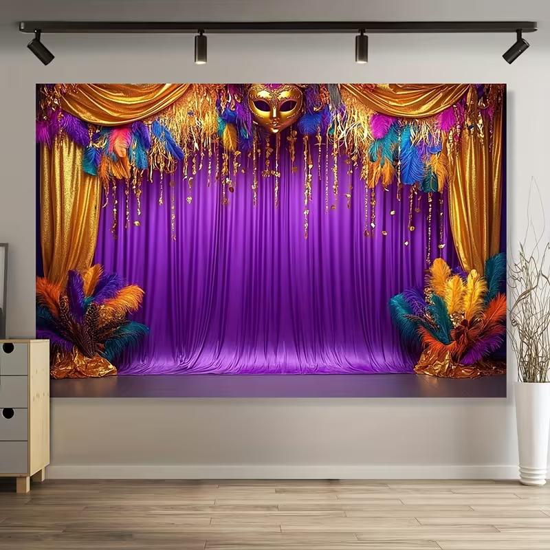 2D Festive Mardi Gras Curtain Backdrop Banner with Golden Mask