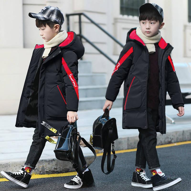 

Зимние ветрозащитные теплые хлопковые контрастные длинные куртки-пуховики с капюшоном на молнии для мальчиков, школьные детские термо-парки, зимнее пальто для детей 5-15 лет 170 чёрный