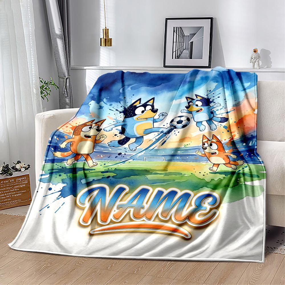 Soccer Fun Bluey Personalized Name Blanket Throw Customizable Blanket Comfortable Versatile for Living Room Seaside Sofa Picnics Ideal for All Seasons