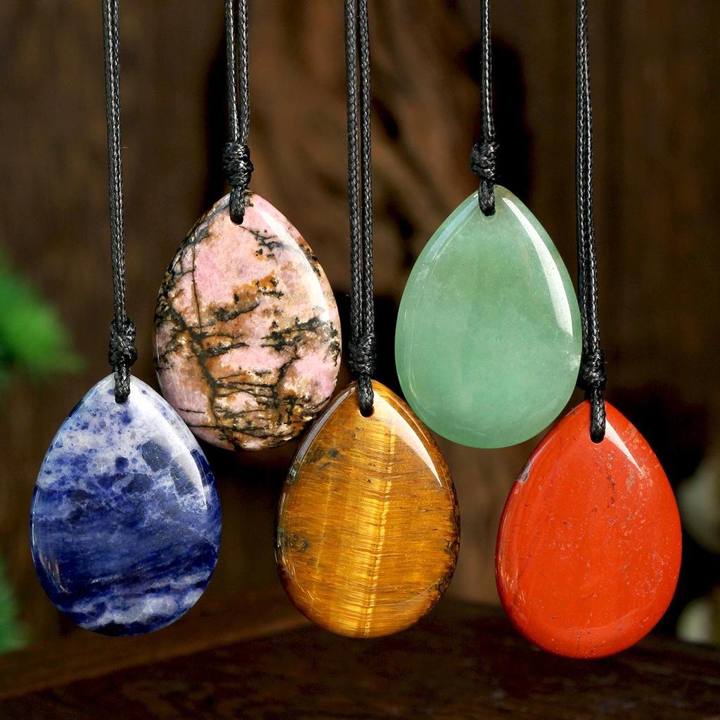 Unisex Tiger Eye Leather Cord Necklace with 25x35mm Natural Stone Water Drop Pendant
