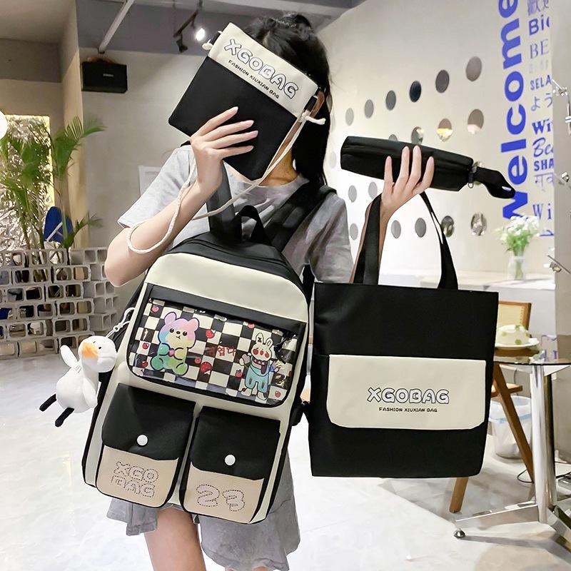 School bag, women's backpack, four-piece set, junior high school student backpack, campus college backpack.