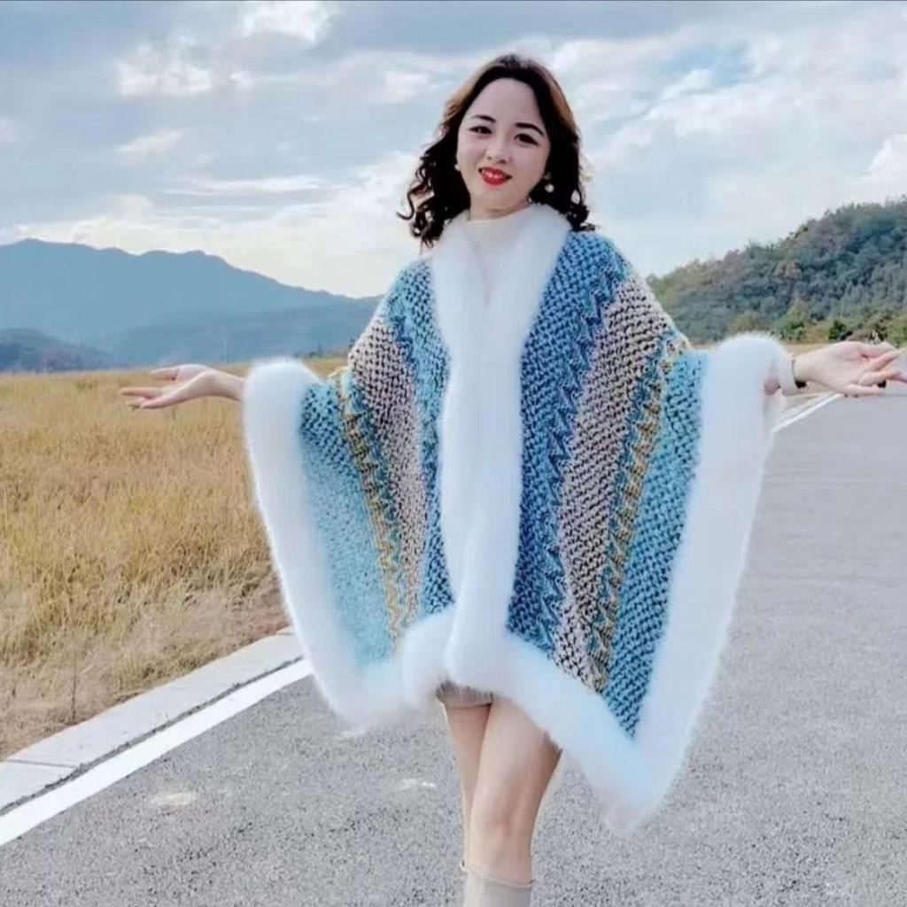Rabbit Fur Shawl Women's Outerwear: New Autumn/Winter Fashion Cloak with Thickened Collar