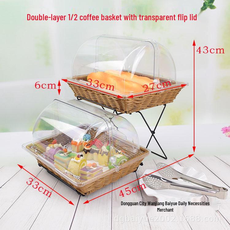 Double-Layer Bread Basket with Lid - Rattan-Style Display Tray with Flip-Top Transparent Cover