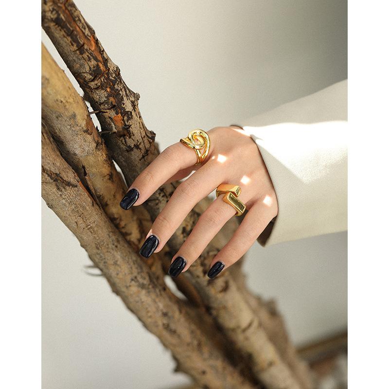 925 Sterling Silver Geometic Rectangle Hug Gold Personality Adjustable Ring Fine Jewelry For Women Party Elegant Accessories