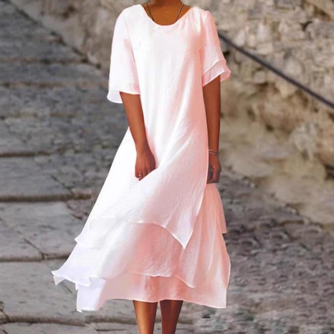 Color Block Round Neck Cotton-Linen Short Sleeve Dress