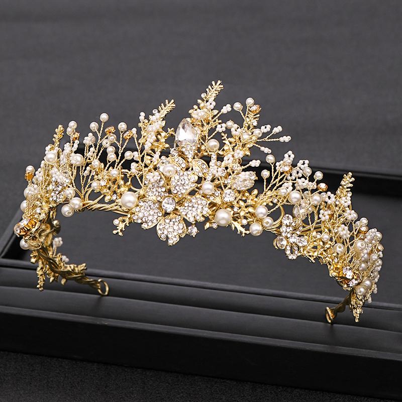 Trendige Hochzeitskrone Handgefertigt Barock Gold Perle Strass Kristall Krone Hochzeits-Haarschmuck Krone Braut Hochzeitskrone