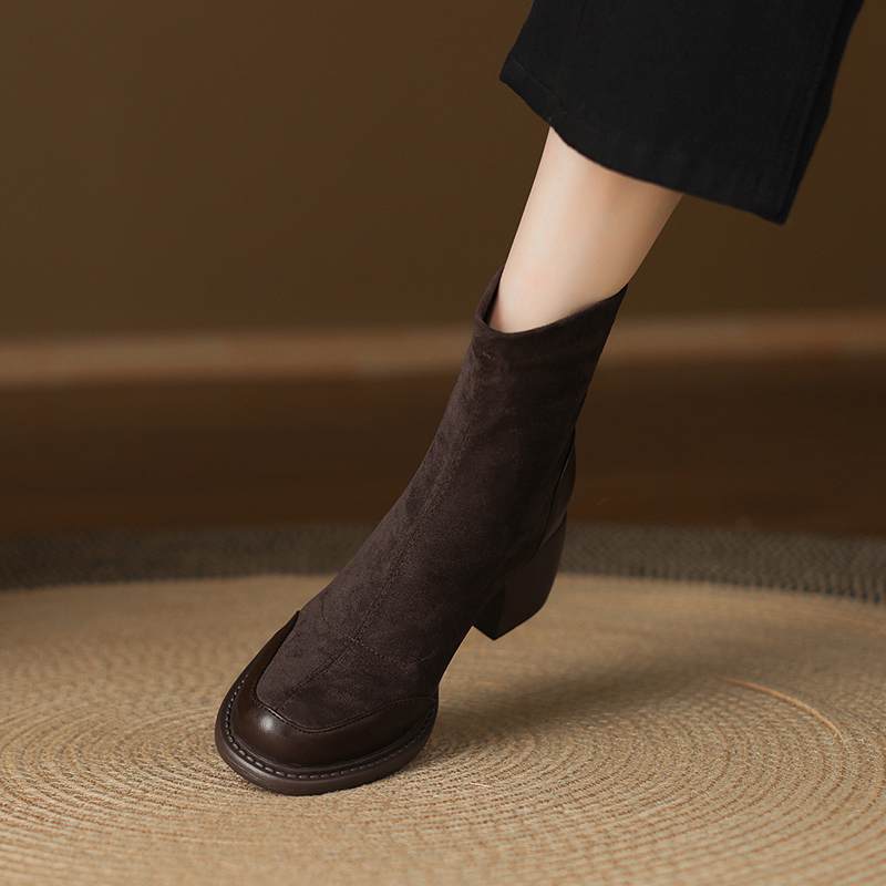 Krazing Po Microfiber Winter Round Toe Size 33 Chelsea Boots Size 43 Zipper Thick High Heels Patch Work Ankle Boots