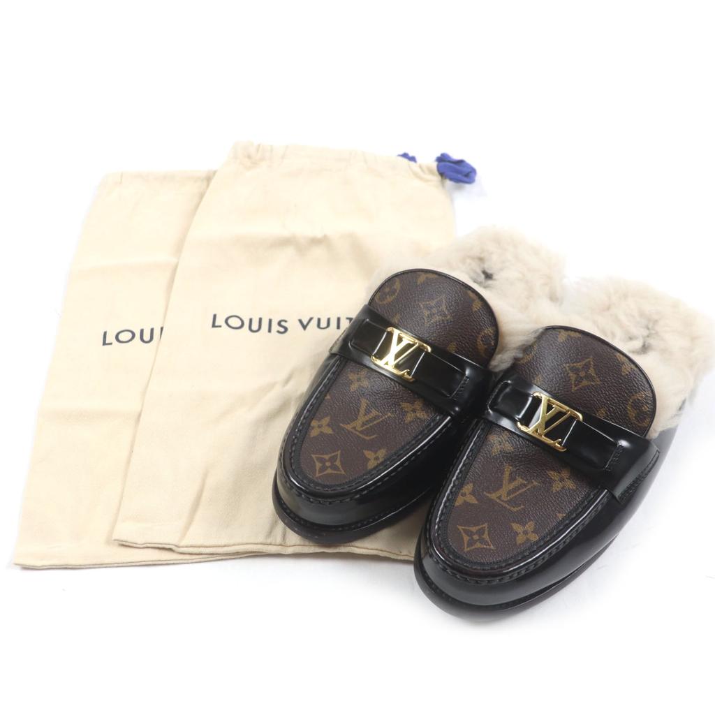 Louis Vuitton Sandals LV Logo Monogram Fur Mules Brown Monogram Canvas Mens 7 Used