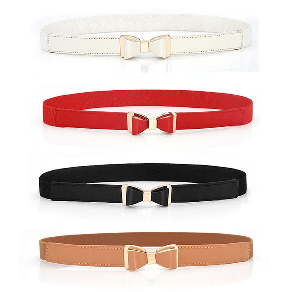 Lady Simple Elastic Thin Waistband Bowknot Interlock Buckle PU Leather Belt Cummerband