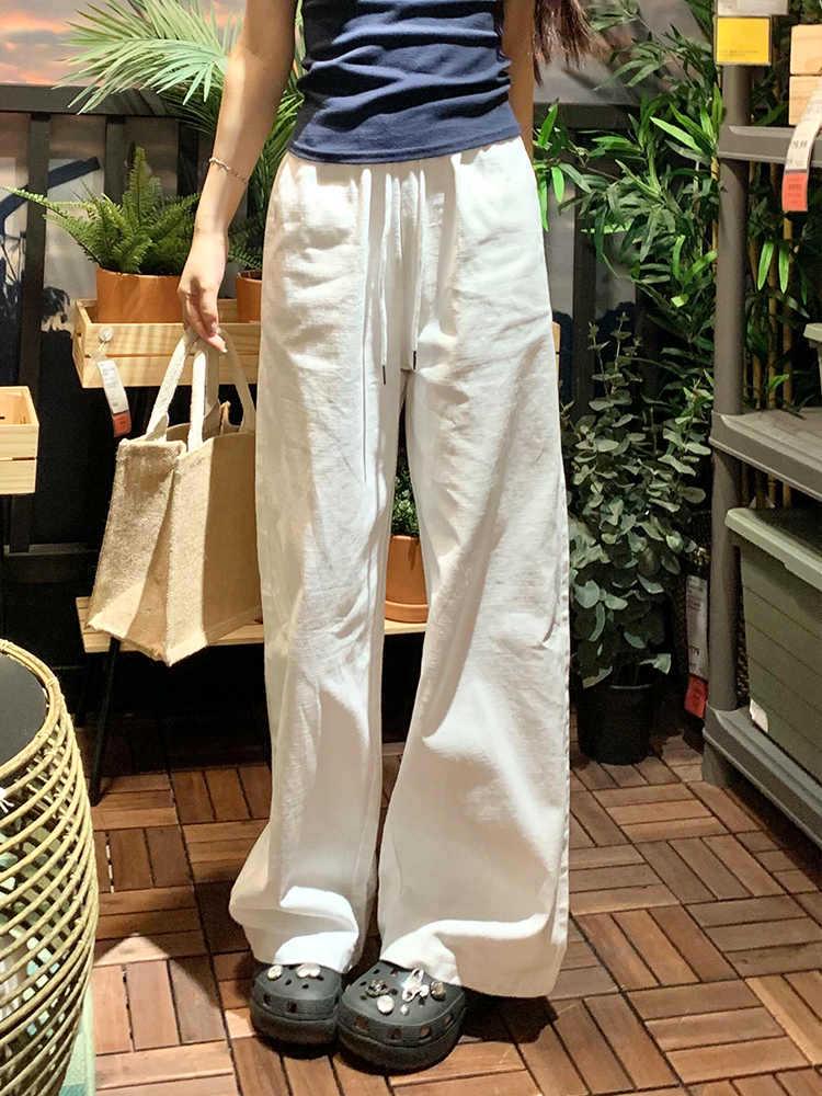 Women's White Wide-Leg Pants - Spring/Autumn 2025, Loose Cotton-Linen Denim, Floor-Length Casual Style