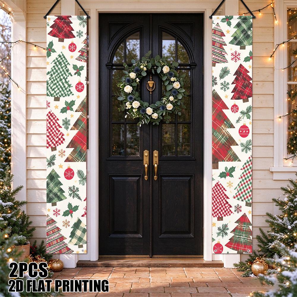 2D Flat, 2D Flat Printing 2pcs Christmas Trees Snowflakes Plaid Porch Banner, Couplet Party Hanging Front Door Yard Indoor Outdoor Decoration, 2D Flat