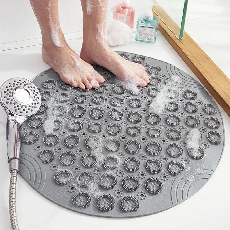 Bathroom Accessories Set: Round Non-Slip Bath Mat, Safety Shower PVC Bathroom Mat With Drain Hole, Plastic Massage Foot Pad