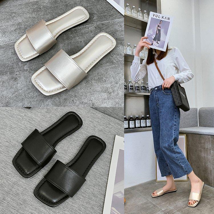 Flat-bottomed slippers women's summer outer wear new summer square head one-word drag large size cool slippers factory