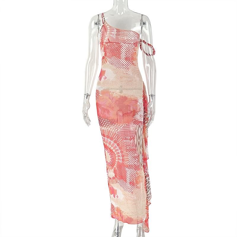 Women One Shoulder Floral Print Maxi Dress Side Tie Ruched Waist Flowy Elegant Evening Party Dress S красный