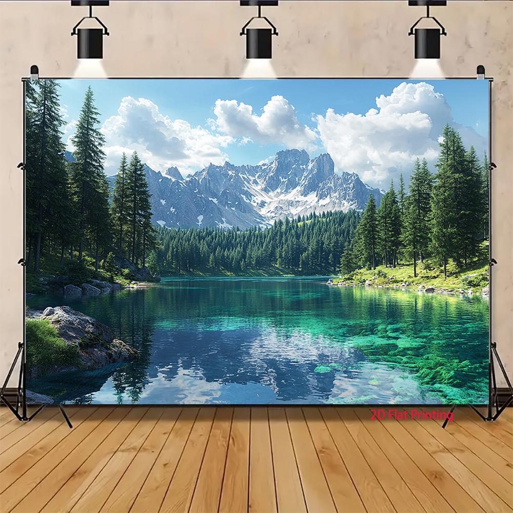2D flat surface, 1 large landscape mountain lake forest banner - made of UV-printed durable polyester fabriczyc