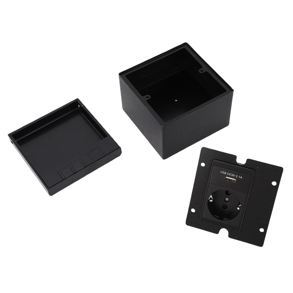 Recessed Floor Outlet Box Water Proof Stainless Steel Flat Kit with 2 Prong Hole USB Power Socket Black