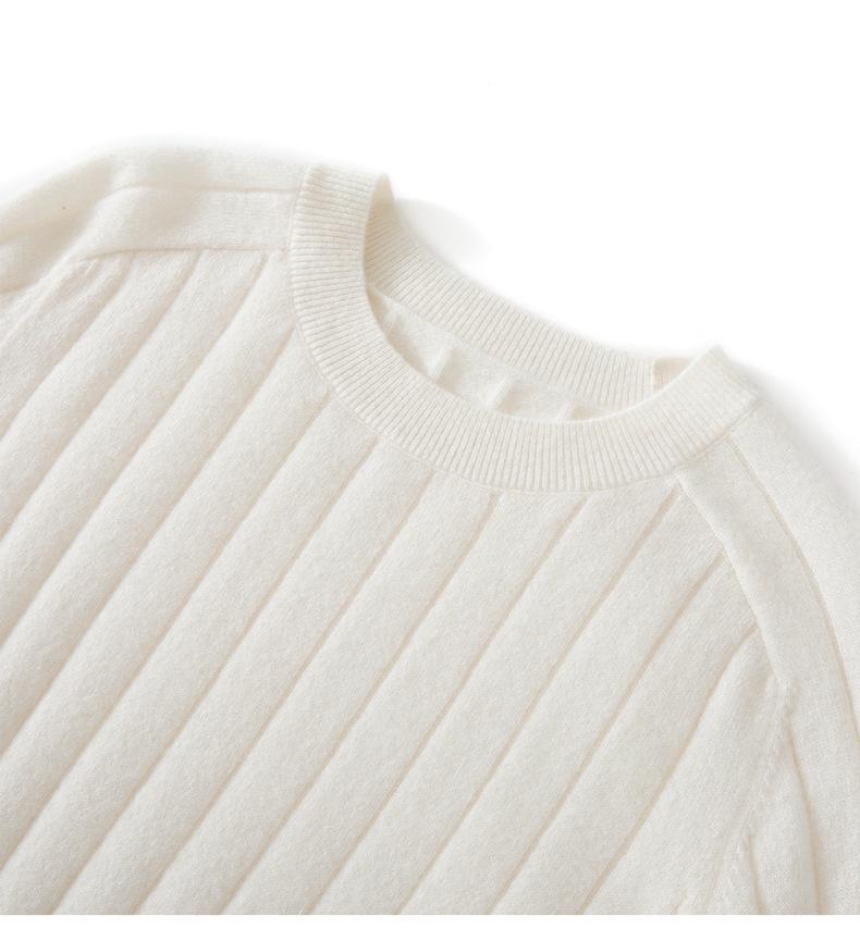 Women's Pure Cashmere Ribbed Knit Pullover - Autumn/Winter Round Neck Base Layer