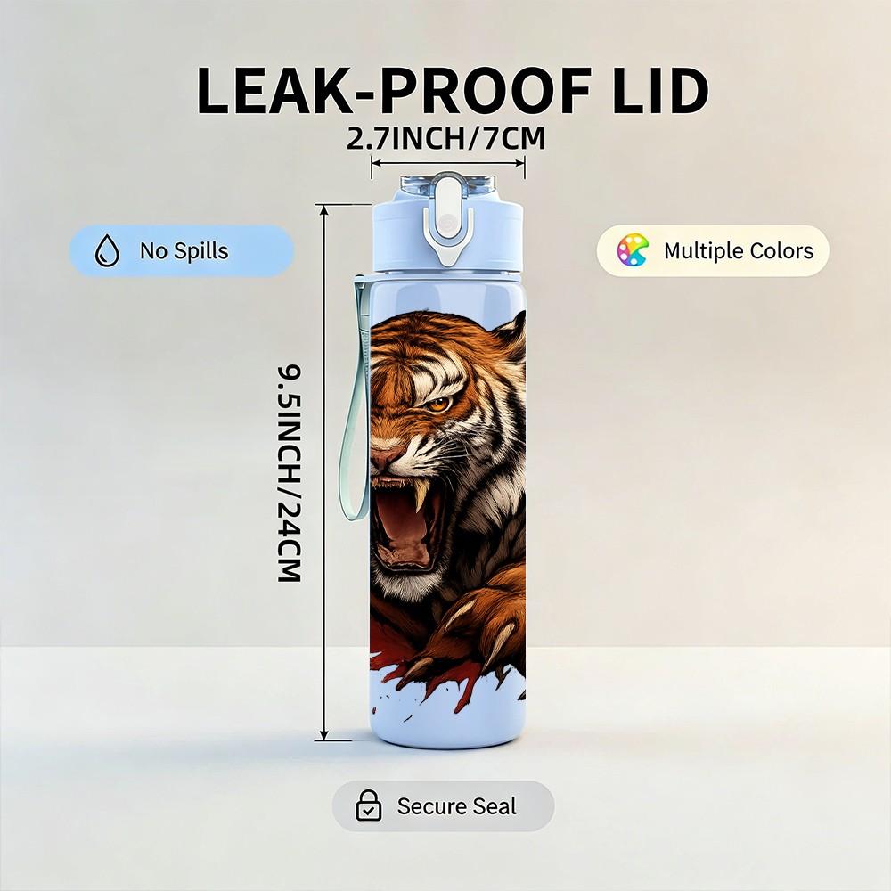 1PC Fierce Tiger Wild Animal Pattern 750ml Color Plastic Sports Water Bottle Leakproof Flip Straw Lid Suitable for Sports Office Home Use