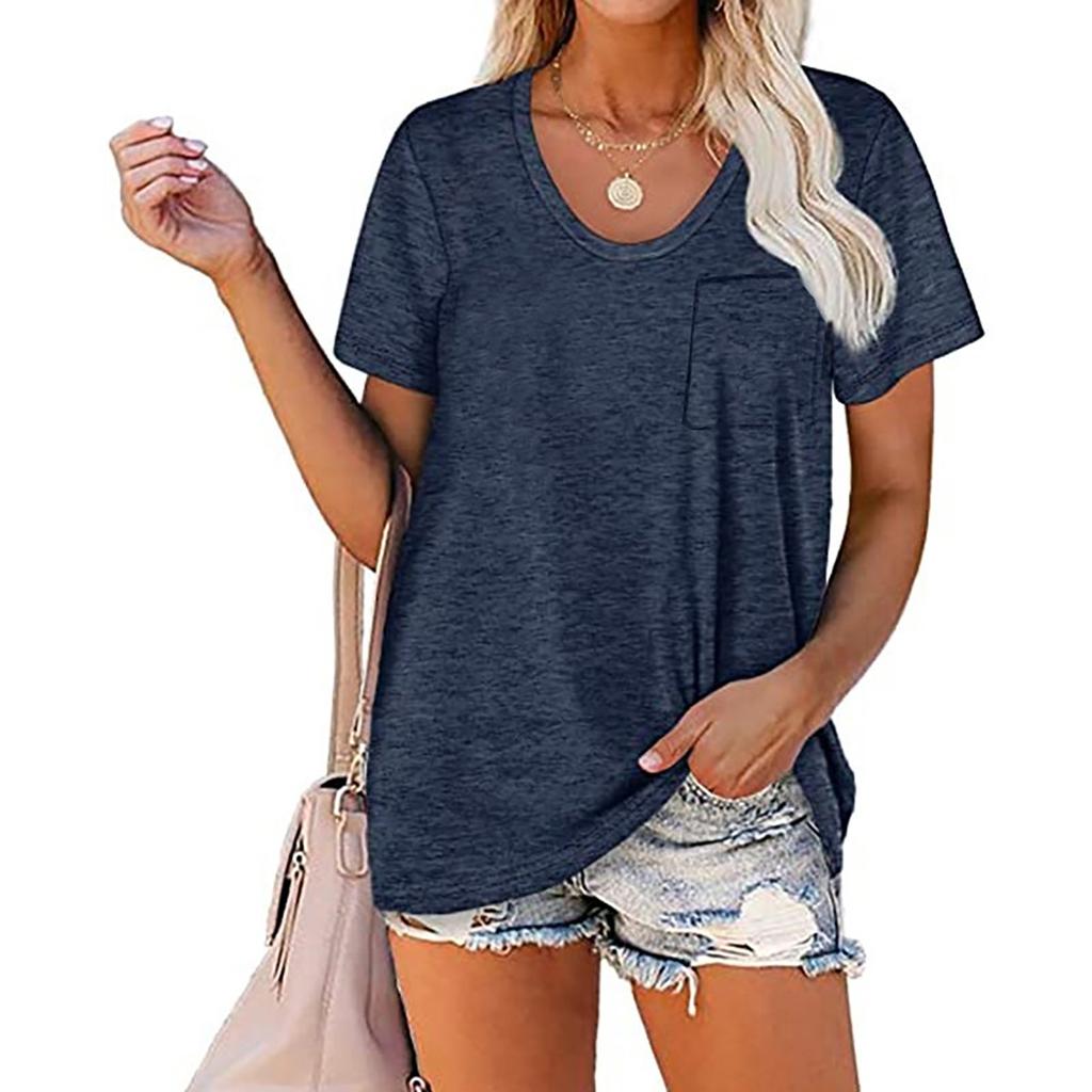 New Women's Fashion Casual Daily Shirt Color Round Neck Pocket Top