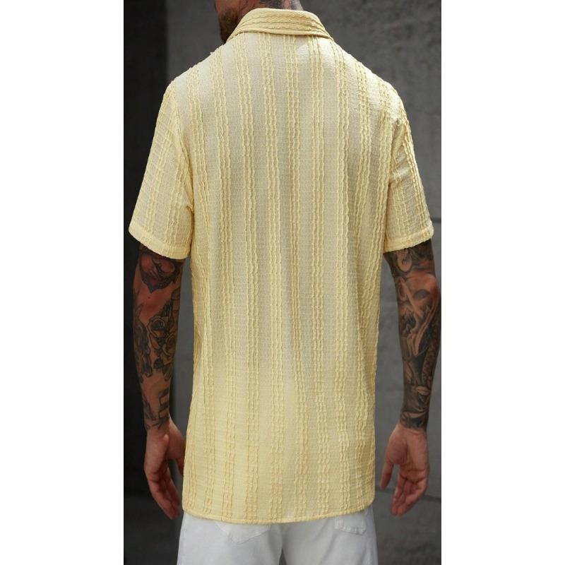 Mens Casual Short Sleeve Striped Cuban Collar Textured Shirt