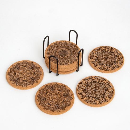 8Pcs Cork Coasters with Rack Round Retro Coasters Absorbent Heat-Resistant Table Mats Insulated Dining Placemats for Table Protection