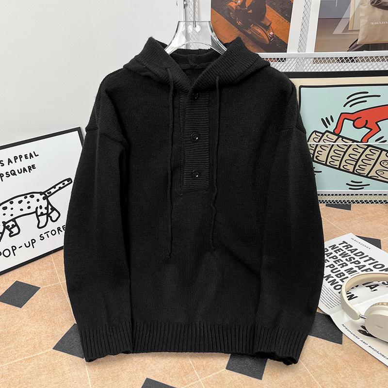 

Мужской свитер на осень и зиму, свободный пуловер с капюшоном, однотонный свитер-топ M чёрный