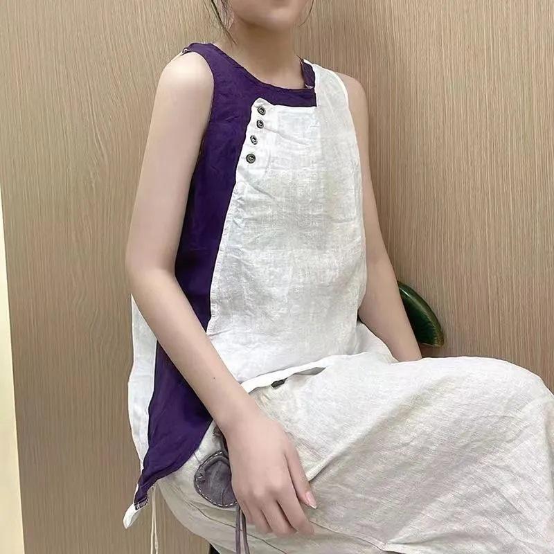 Summer Women Vintage Patchwork Tank Y2K Casual O Neck Sleeveless Loose Vest