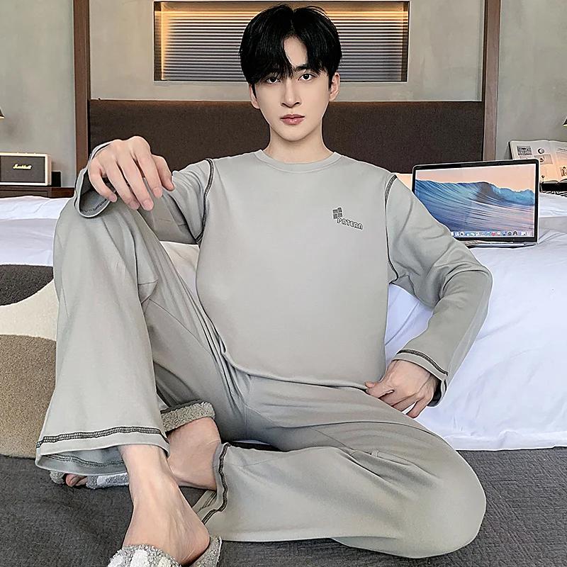 Men Pajamas Set Spring Cotton Casual Sleepwear Minimalist Style Long Leisure Homewear Fashion Boys Nightwear