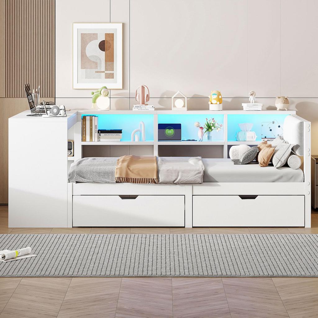 Children's Bed 90x200 Wood Single Bed Slatted Frame Storage Space USB LED Light Desk 2 Drawers Storage Compartments Shelves Daybed White