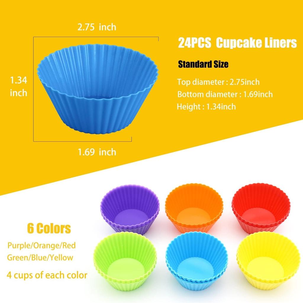 24pcs Silicone Cupcake Baking Cups Reusable & Non-stick Muffin Cupcake Liners Holders Set Easy Clean Multicolor
