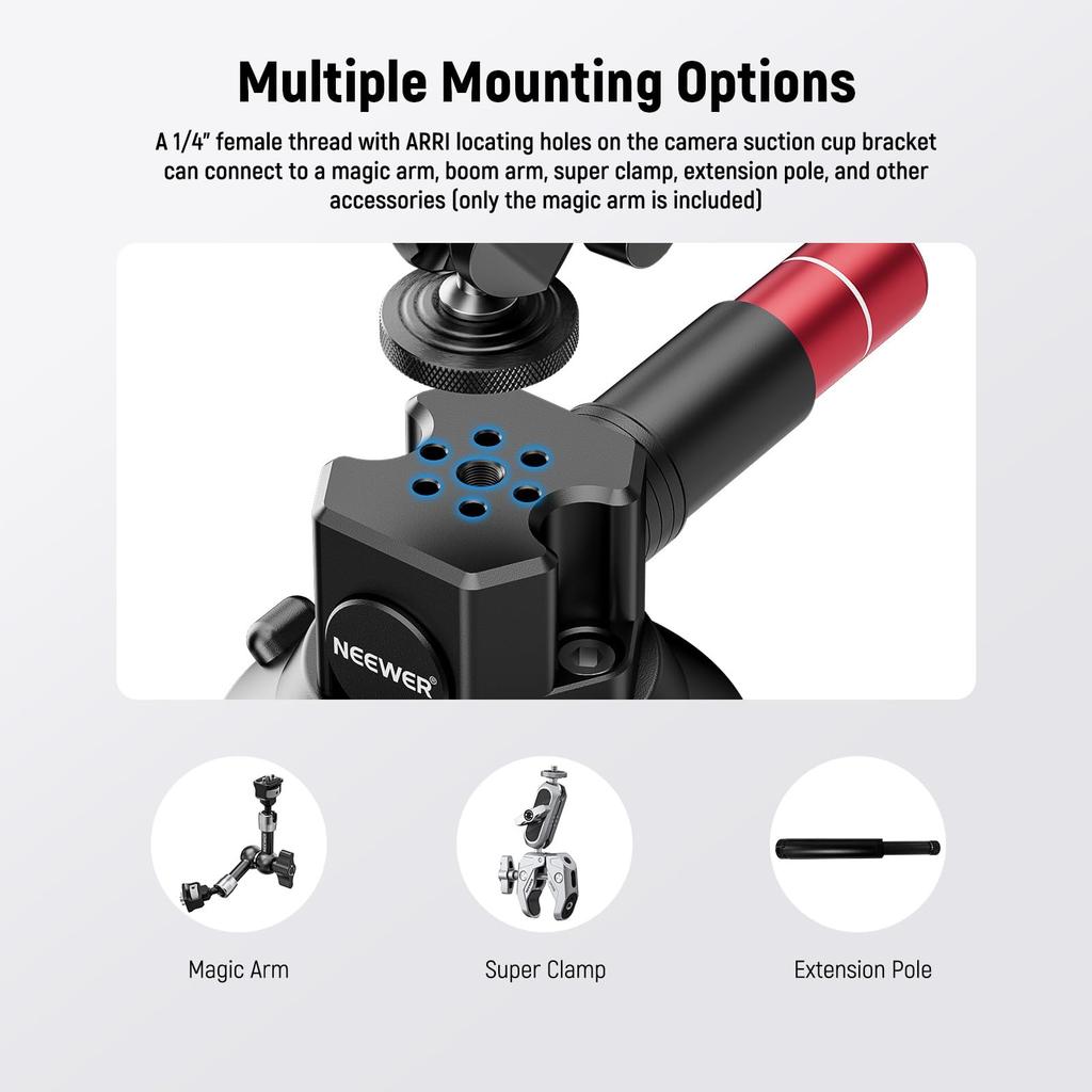Neewer Vacuum Suction Cup Mount 3-inch Ball Head Magic Arm Smartphone and Action Camera Adapter Aluminum Quick Release Car Mount with 1/4" and 3/8"