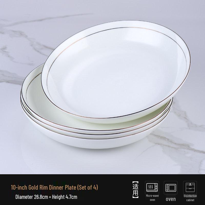 Ceramic Gold Rim Bone China Tableware Set - Microwave Safe Deep Plate, Rice Bowl for Home and Hotel Use.