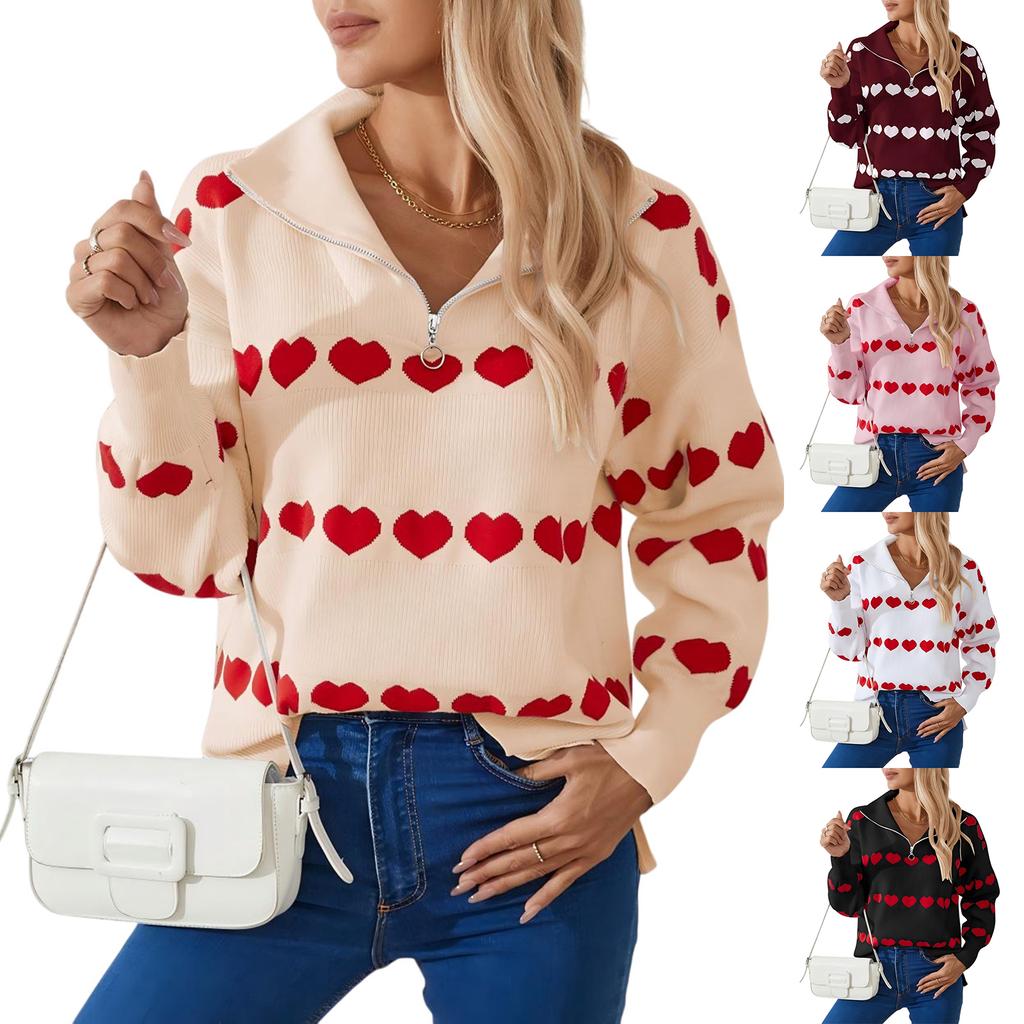 Women's Fashion Zipper Lapel Heart Contrast Color Long Sleeve Pullover Top