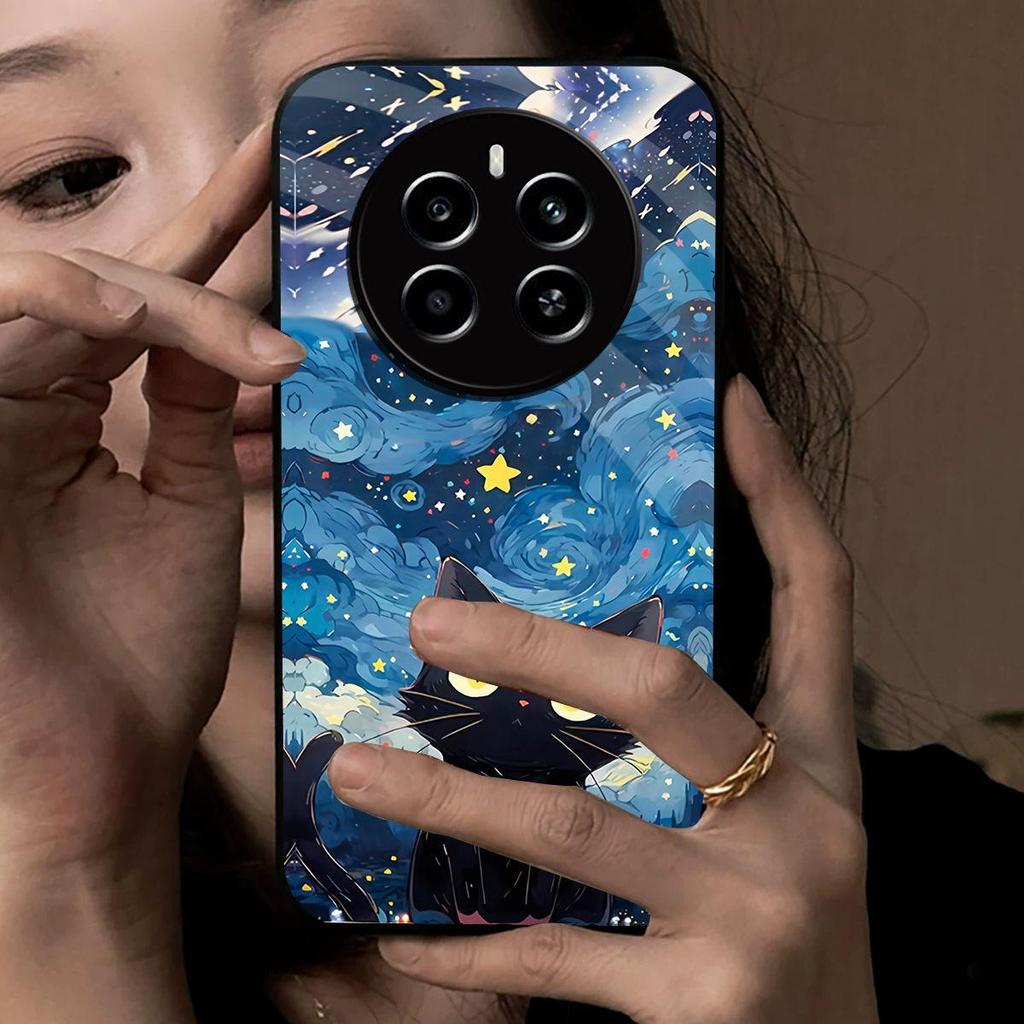 Case for realme 12 Pro+ 5G Pro Anime Black Cat Starry Cloud Print Phone Cover Acrylic Hard Back Shell With Flexible TPU Edge