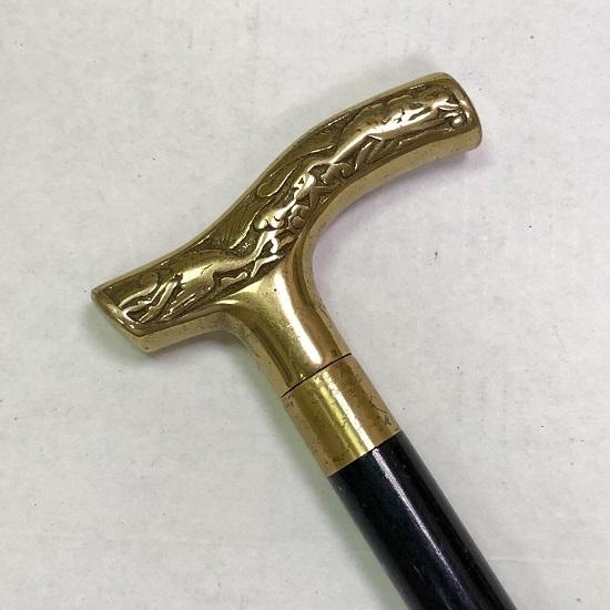Art Deco Art Nouveau Brass Handle Black Lacquer Wooden Walking Stick Cane
