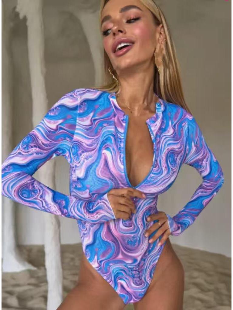 Women's Long Sleeve Triangle Print Sun Protection Swimsuit