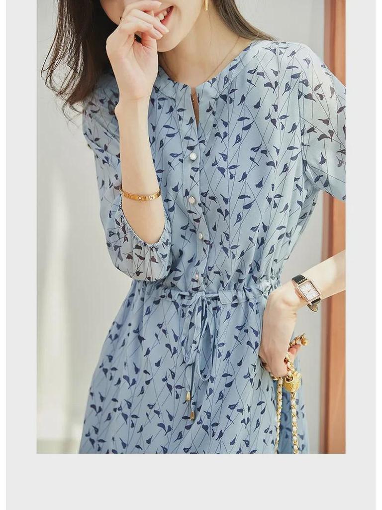 2025 Frühling/Sommer Blumen Chiffon Taille-Schlankmachendes langes Kleid für Damen