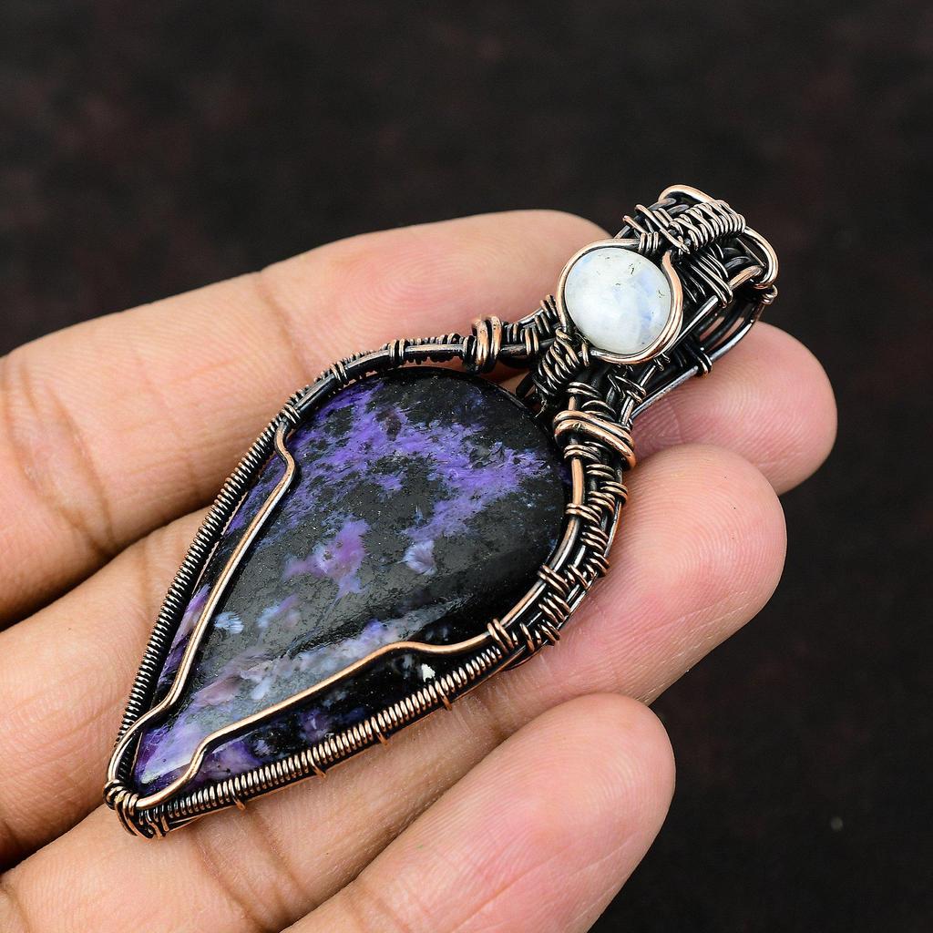 Charoite Copper Wire Wrapped Pendant Gemstone Jewelry Handmade Brand New Pendant Rainbow Moonstone Jewelry Gift For Mother Charoite Jewelry
