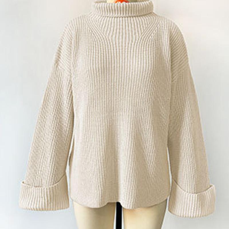 Ladies Autumn Winter Flare Sleeve Round Collar Solid Color Pullover Warm Knitted Sweater Knitwear Top