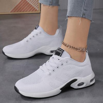 Women Air Cushion Sneakers Mesh Running Sport Shoes Lace-up Solid Training Walk Flat Shoes Solid Black White Red Shoes  New